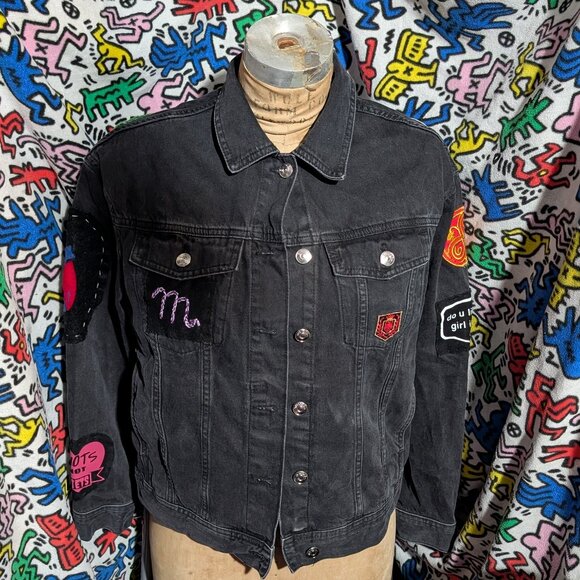 H&M Black Denim Highly Customized Jacket "WOW" Size XS - Picture 1 of 15